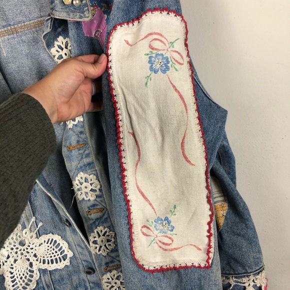 Embellished Blue Jean Jacket Crochet Patchwork - Picture 8 of 14